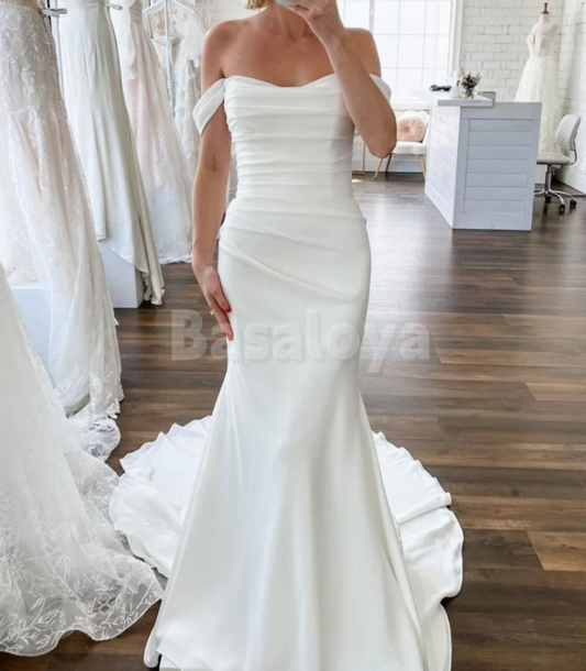 WD0074 Romantic White Off-Shoulder Mermaid Pleats Wedding Gown with Train