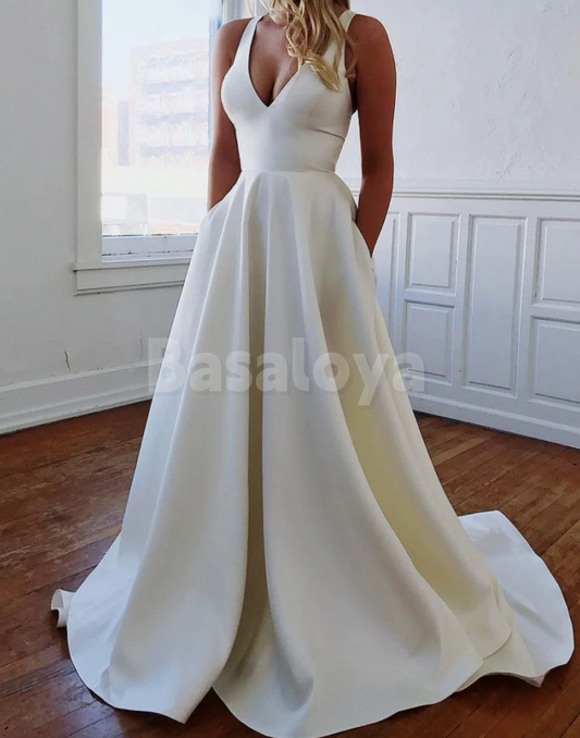 WD0085 Simple V-Neck A-Line Satin Wedding Dress with Pockets Bridal Gown