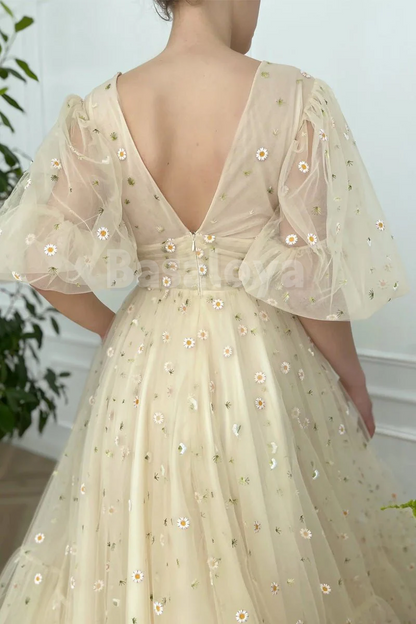 SP0200 Gorgeous Champagne A-Line V-Neck Half Sleeves Prom Dress