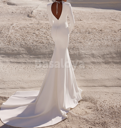 WD0180 Luxury Beaded White Long Sleeve V-Neck Mermaid Bridal Gown with Train