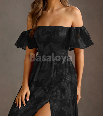 SP0245 Gorgeous Black A-Line Short Sleeves Pleats Prom Formal Dress with Slit