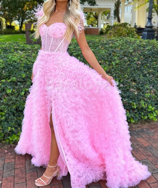 SP0167 Graceful Feathers Pink Off-Shoulder A-Line Tiered Prom Party Dress with Slit