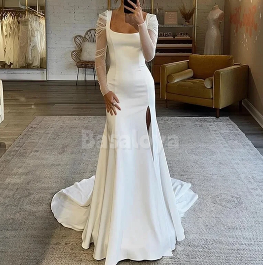 WD0178 Elegant White Long Sleeve Square Neck Mermaid Bridal Gown with Slit