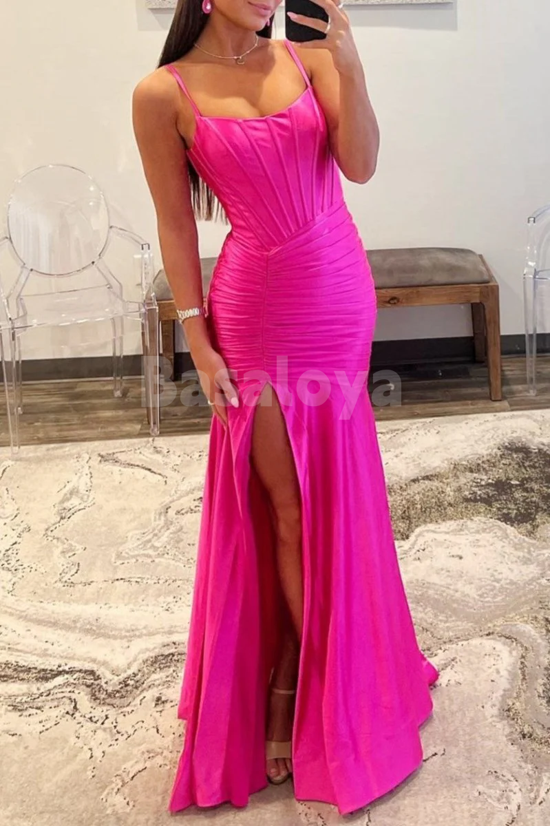 SP0196 Elegant Green Spaghetti Straps Mermaid Prom Formal Dress with Slit