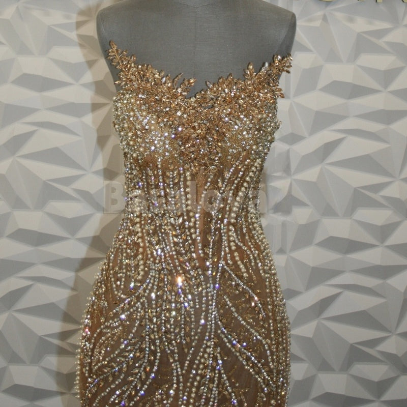 ED0031 Sparkly Beaded Tube Top Mermaid Lace Evening Dress with Train