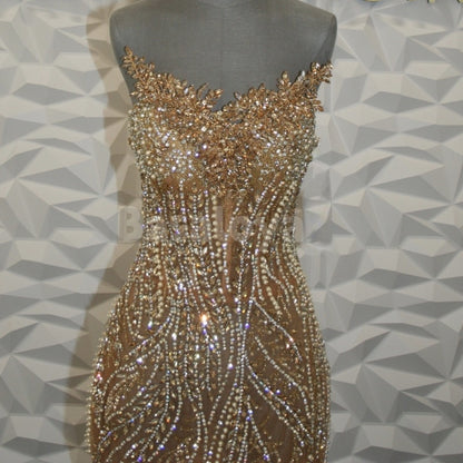 ED0031 Sparkly Beaded Tube Top Mermaid Lace Evening Dress with Train