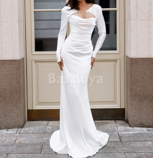 WD0157 Elegant White Long Sleeves Sheath Satin Wedding Dress Bridal Gown