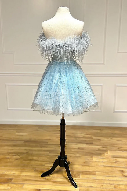 HM0148 Luxury Feathers Blue A-Line Strapless Sequined Homecoming Gown