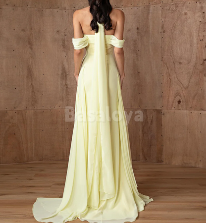 SP0287 Classic Yellow Halter-Neck Sheath Pleats Chiffon Prom Dress Party Gown