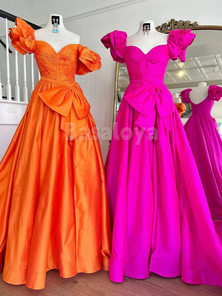 SP0189 Elegant Orange Off-Shoulder A-Line Pleats Prom Party Dress with Slit
