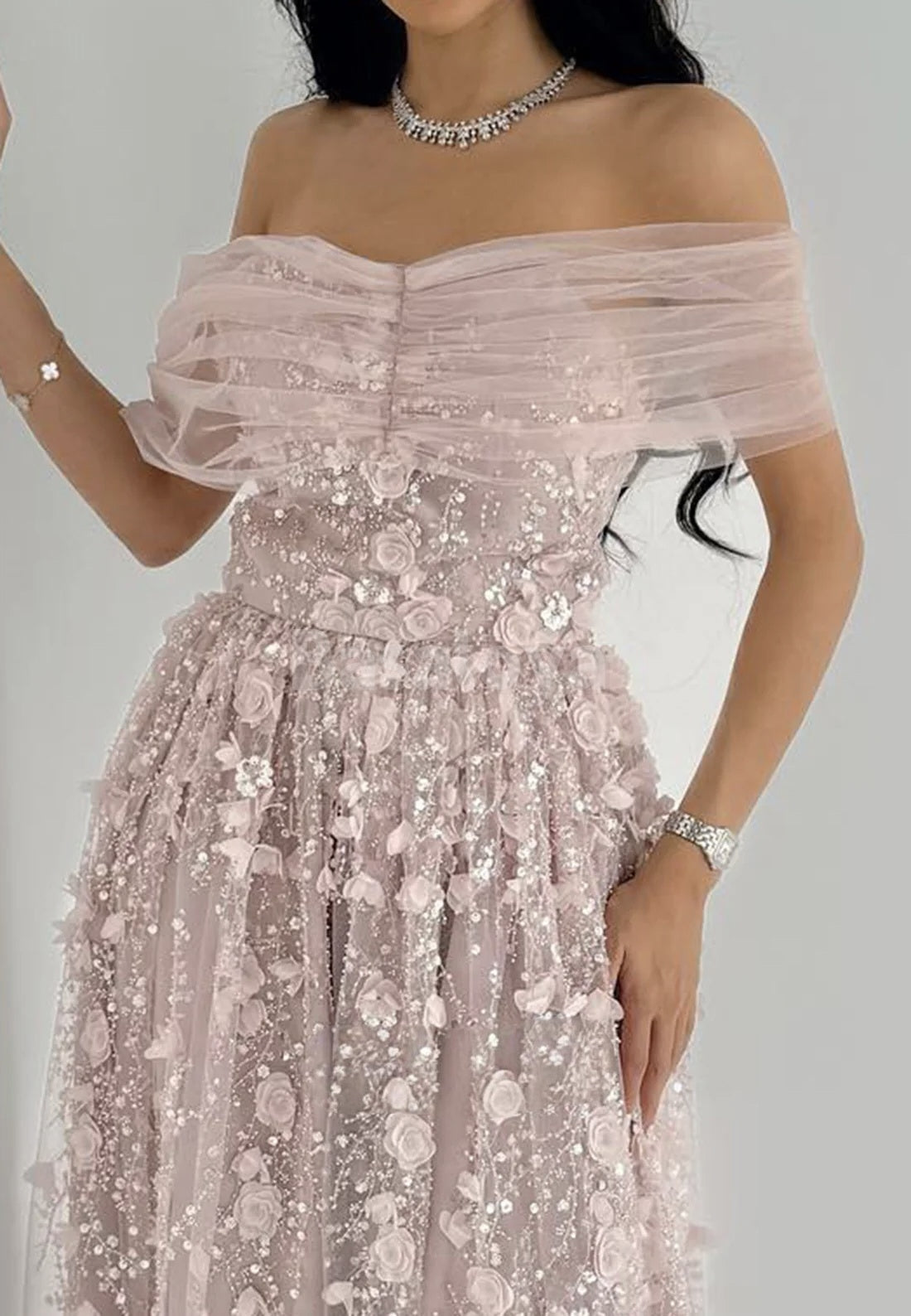SP0087 Graceful 3D Floral Pink Off-Shoulder A-Line Sequined Lace Prom Dress