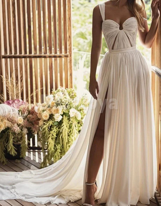 WD0082 Classic White A-Line Side Slit Pleats Wedding Dress with Train