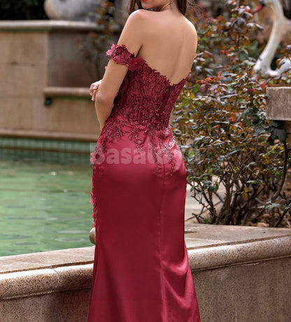 ED0118 Graceful Burgundy Off-Shoulder Sheath Evening Gown with Appliques