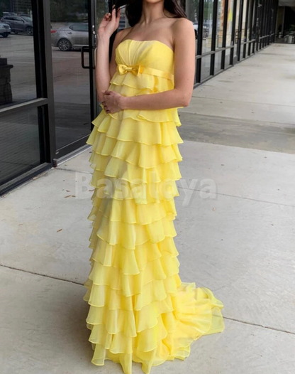 SP0229 Elegant Yellow Strapless A-Line Tiered Prom Dress with Bow