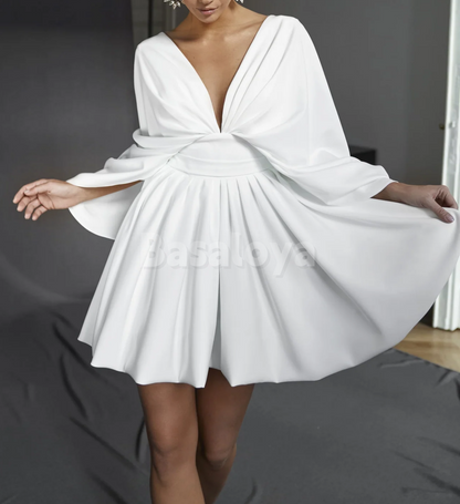 WD0183 Classic White V-Neck Cape Sleeve A-Line Short Wedding Dress