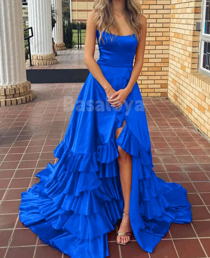 SP0148 Elegant Red Strapless A-Line Tiered Prom Dress with Slit