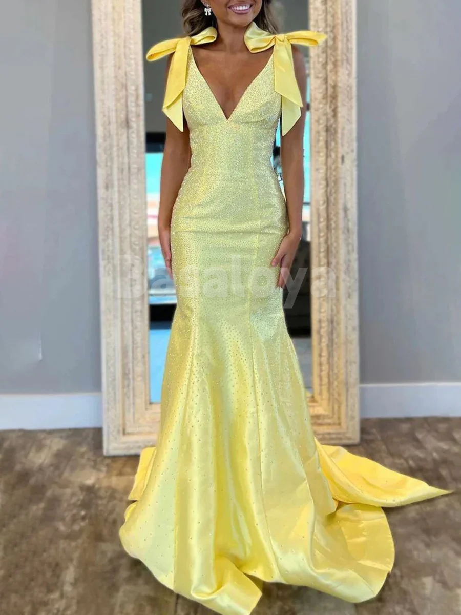 SP0180 Luxury Beaded Yellow V-Neck Mermaid Bow Evening Prom Dress with Train