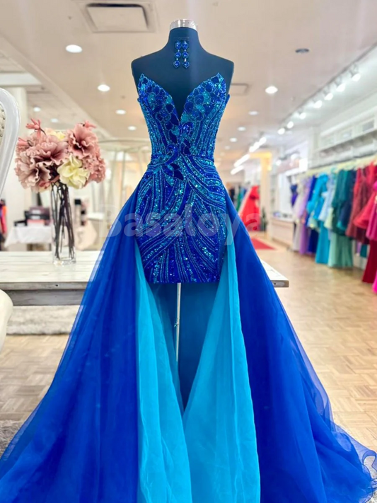 HM0045 Luxury Royal Blue V-Neck Bodycon Mini Sequin Party Gown with Train