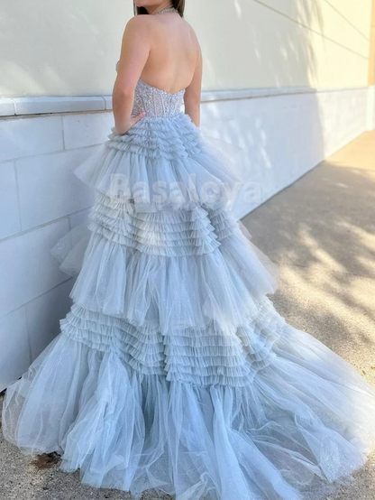 SP0160 Luxury White Halter V-Neck A-Line Appliques Ball Gown Prom Dress