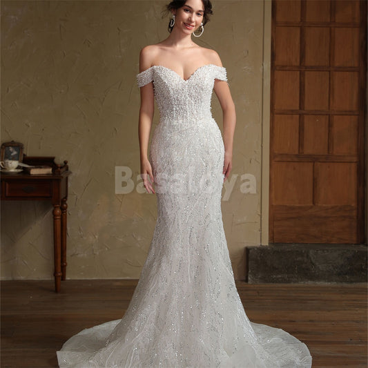 WD0050 Romantic Pearls White Off Shoulder Mermaid Wedding Gowns