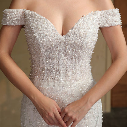 WD0050 Romantic Pearls White Off Shoulder Mermaid Wedding Gowns