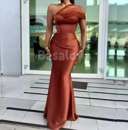 BM0011 Elegant Brown One Shoulder Mermaid Long Bridesmaid Dresses