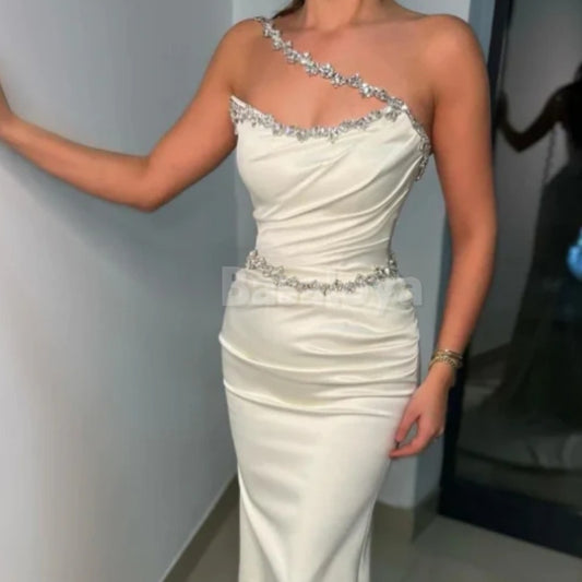 SP0017 Luxury White Asymmetrical Mermaid Beaded Satin Evening Prom Dress with Train