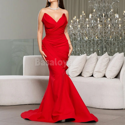 SP0020 Elegant Red Sweetheart Mermaid Satin Long Prom Dress Formal Gown