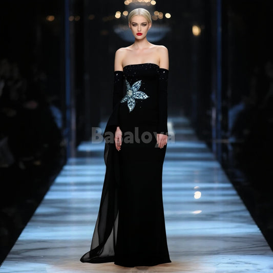 SP0005 Sparkly Crystal Black Tube Top Long Sleeve Sheath Satin Prom Dress with Train