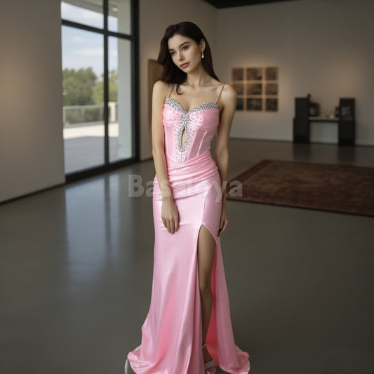 SP0011 Elegant Crystal Pink Spagehtti Straps Sheath Satin Prom Dress with Slit