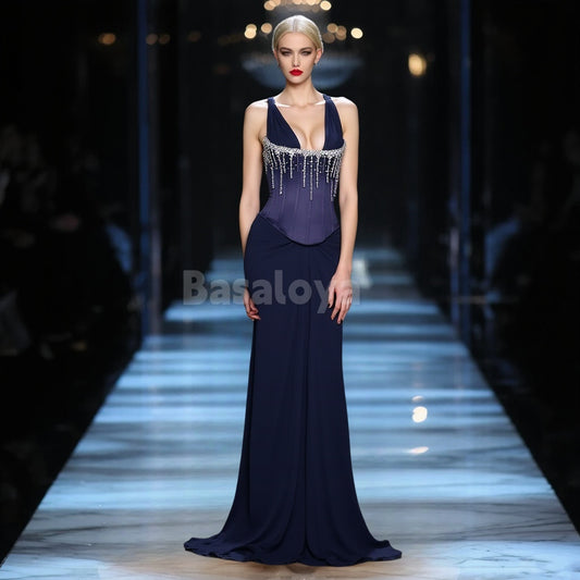 SP0012 Elegant Dark Navy Halter Neck Draped Chiffon Prom Evening Dress with Beads