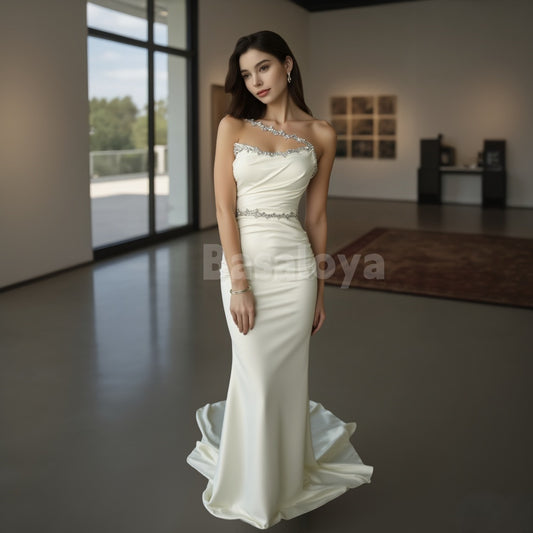 SP0017 Luxury White Asymmetrical Mermaid Beaded Satin Evening Prom Dress with Train
