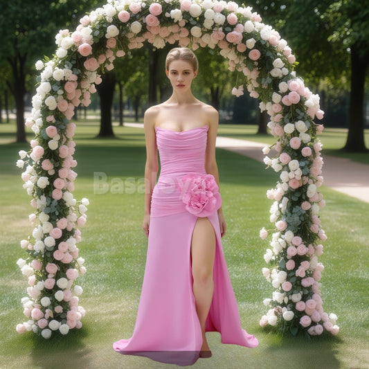 SP0018 Elegant Pink 3D Floral Strapless Sheath Long Prom Dress with Slit