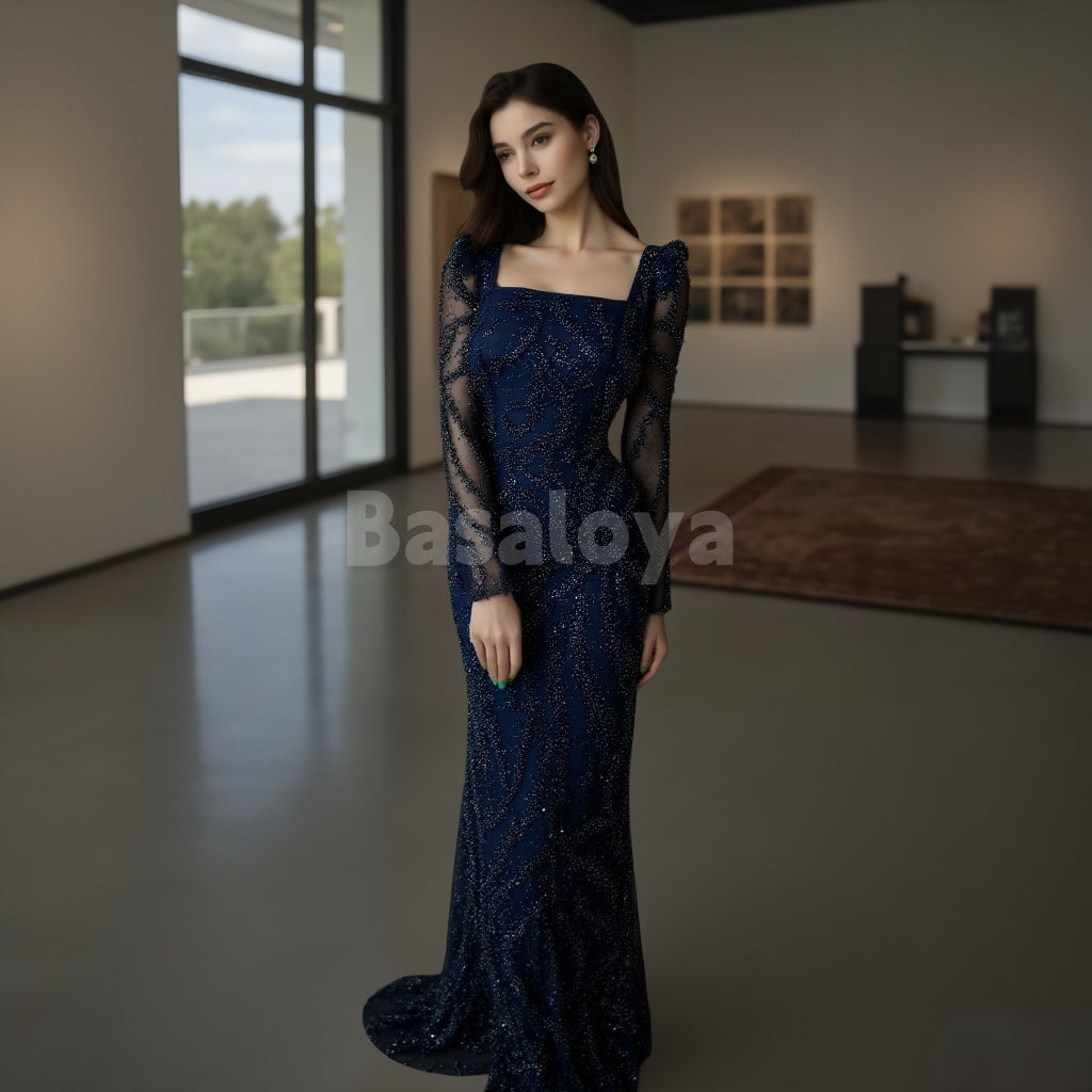 ED0008 Luxury Pearls Dark Navy Square Neck Long Sleeves Long Evening Dress