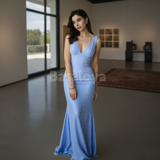 ED0022 Stunning Beaded Blue V-Neck Mermaid Evening Dress with Train