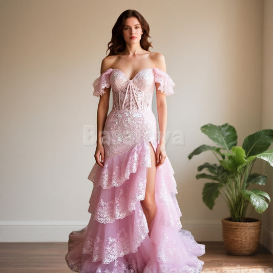 ED0026 Sparkly Appliques Pink Off-Shoulder Tiered Evening Dress with Slit