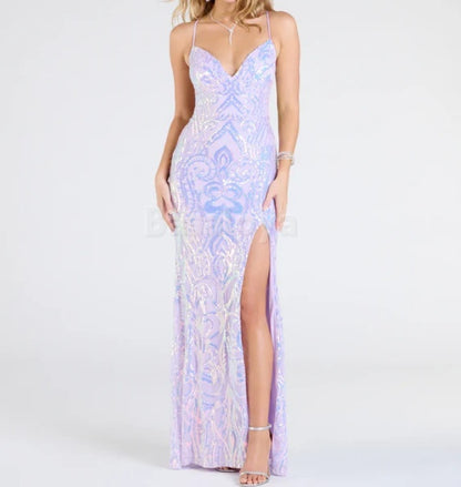 SP0061 Luxury Lilac Spaghetti Straps Mermaid Appliques Prom Dress with Slit