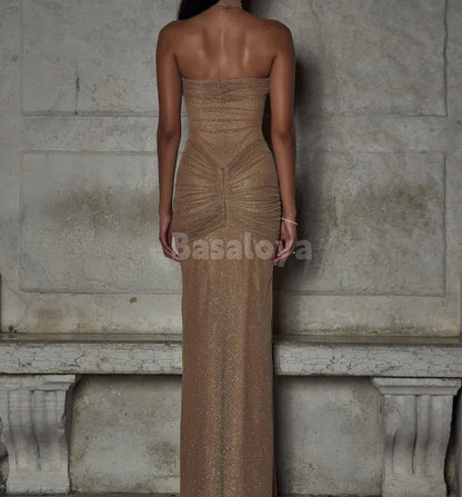 SP0062 Sparkly Champagne Sweetheart Mermaid Glitter Knit Prom Dress