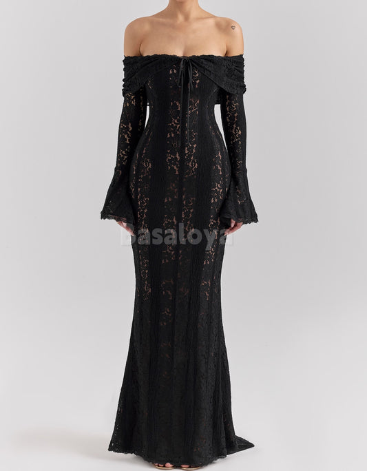 SP0063 Elegant Black Tube Top Long Sleeves Mermaid Lace Formal Prom Dress