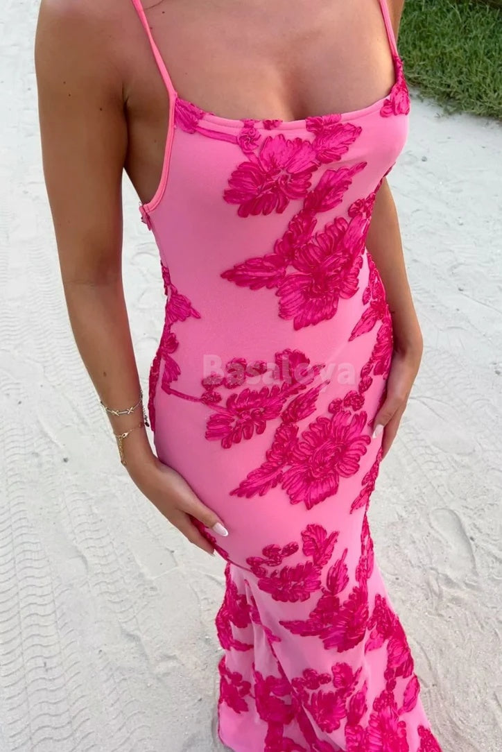 SP0064 Luxury Fuchsia Printed Spaghetti Straps Mermaid Long Prom Dress