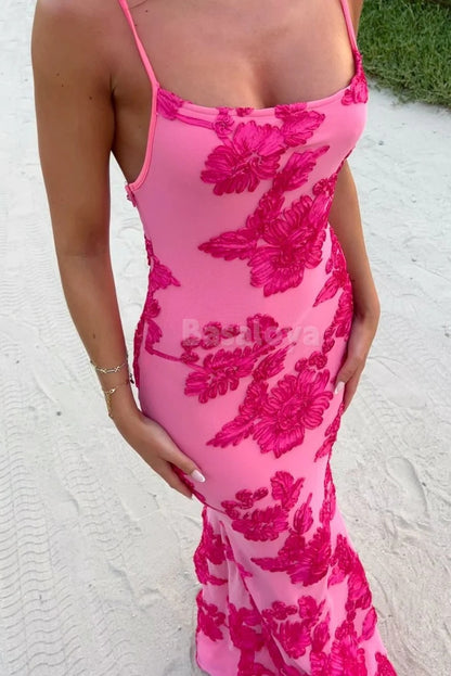 SP0064 Luxury Fuchsia Printed Spaghetti Straps Mermaid Long Prom Dress