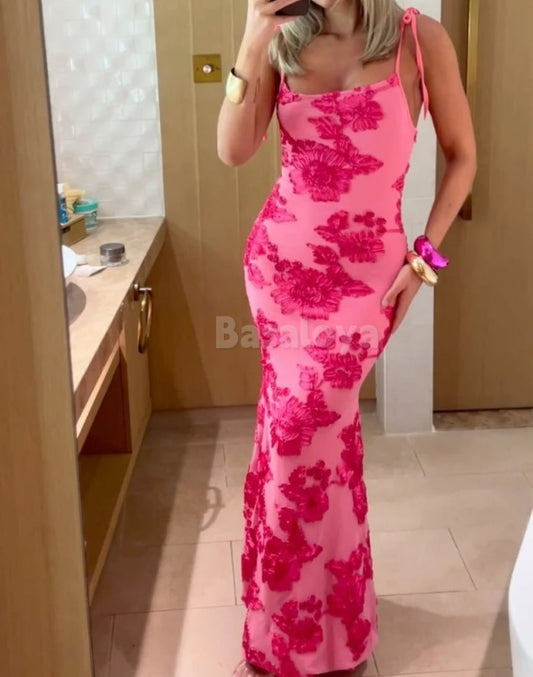 SP0064 Luxury Fuchsia Printed Spaghetti Straps Mermaid Long Prom Dress