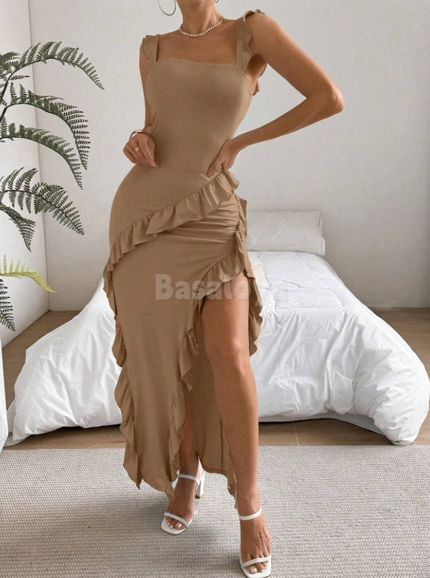 SP0065 Classic Camel Square Neck Sheath Ruffled Slit Maxi Prom Dress