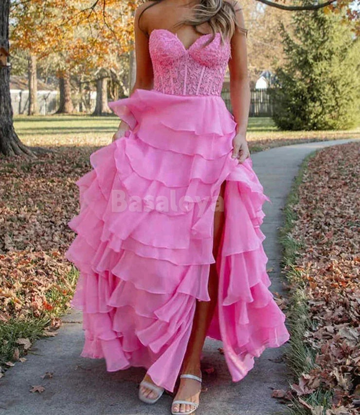 SP0066 Graceful Yellow A-Line Sweetheart Tiered Prom Dress with Appliques