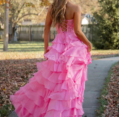 SP0066 Graceful Yellow A-Line Sweetheart Tiered Prom Dress with Appliques