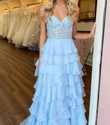 SP0066 Graceful Yellow A-Line Sweetheart Tiered Prom Dress with Appliques