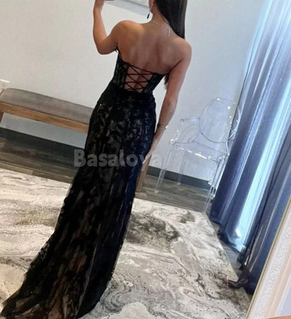SP0067 Gorgeous Black Beaded Sweetheart Lace Applique Prom Dress with Slit