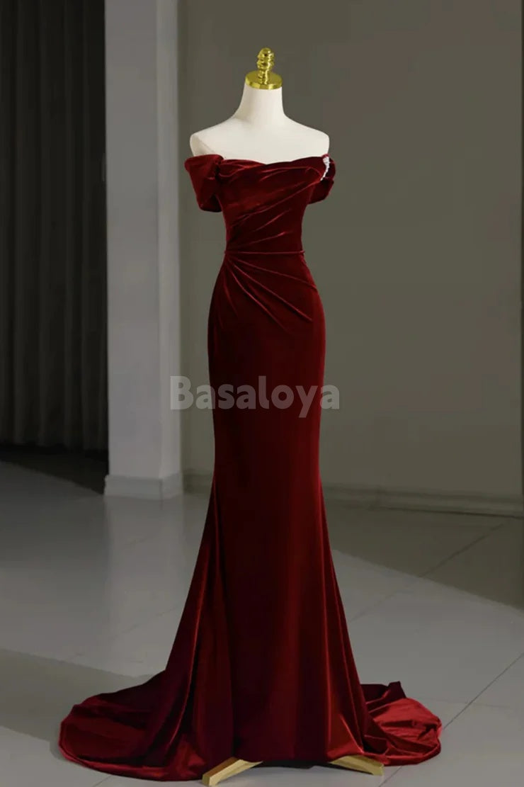 SP0068 Elegant Burgundy Off Shoulder Mermaid Prom Dress with Beads