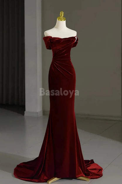 SP0068 Elegant Burgundy Off Shoulder Mermaid Prom Dress with Beads