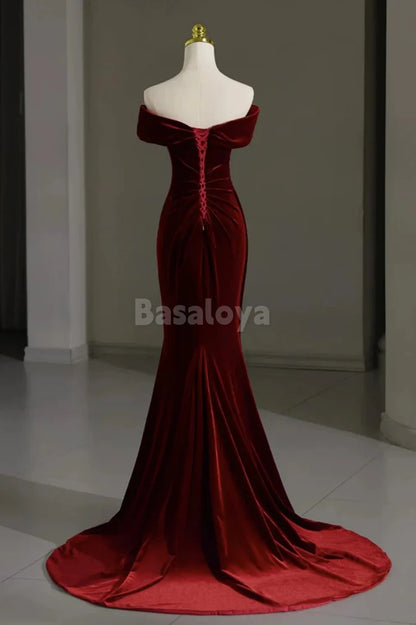 SP0068 Elegant Burgundy Off Shoulder Mermaid Prom Dress with Beads